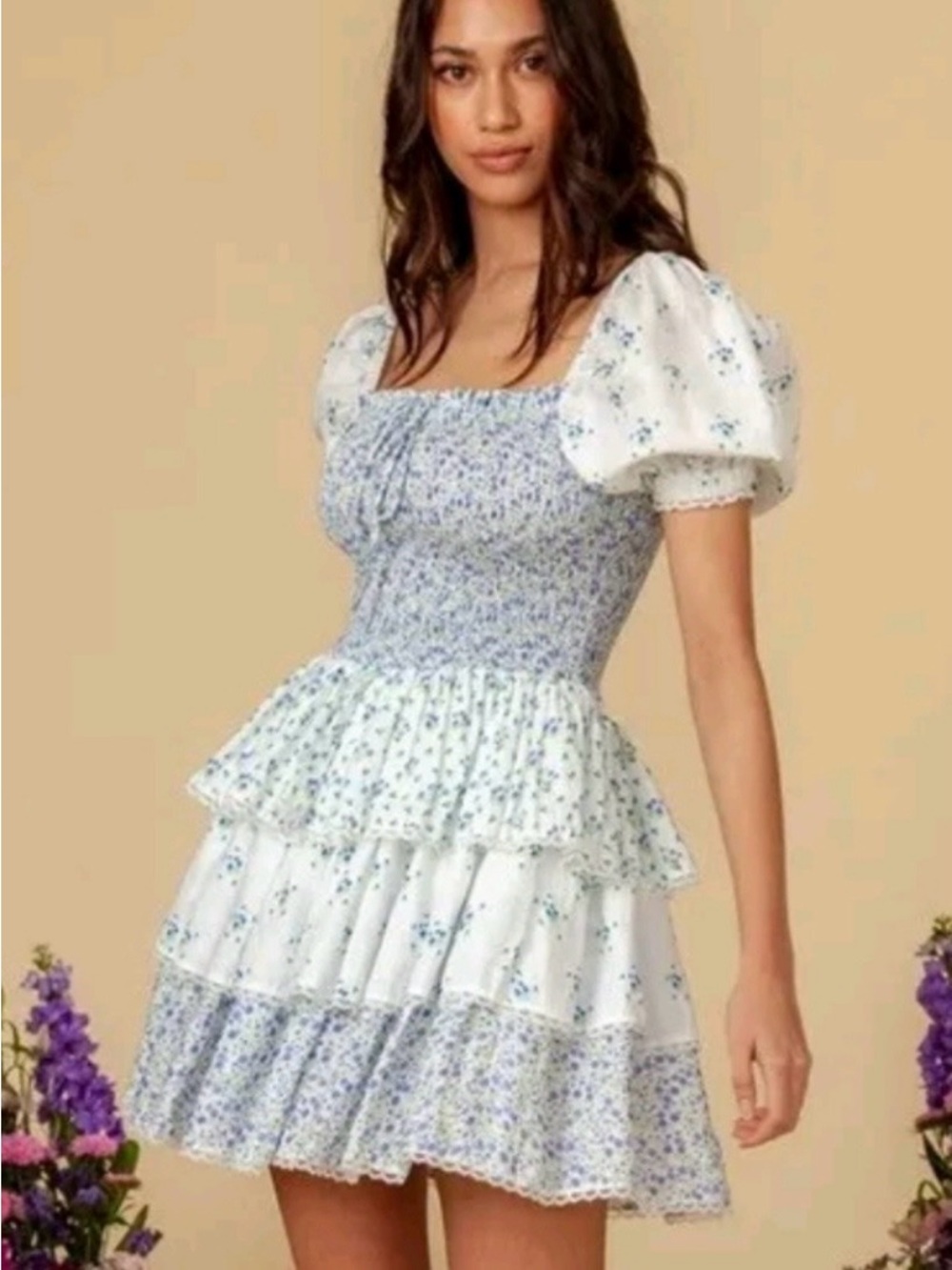 Fillyboo White and Light Blue Floral Smocked Puff-Sleeve Tiered Mini Dress